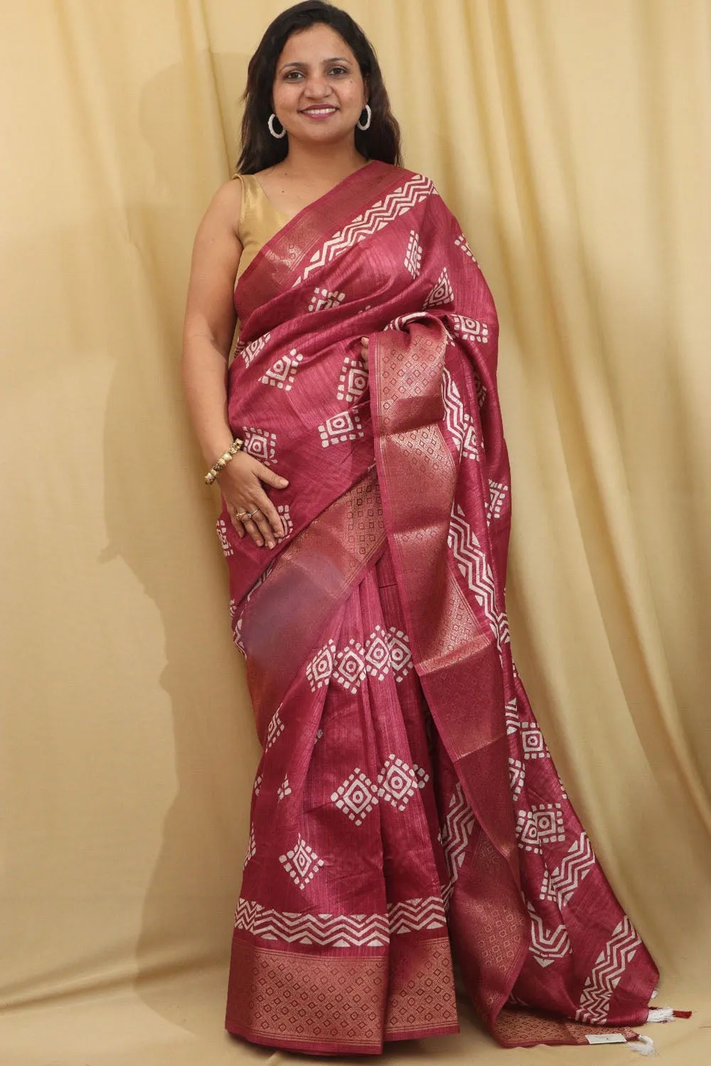 Stunning Red Block Printed Tussar Saree with Silk Blend