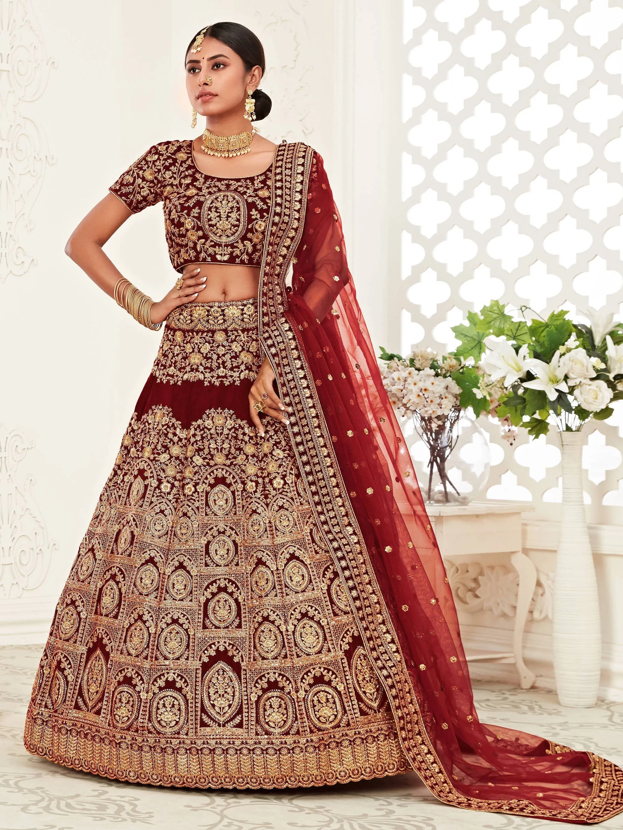 Stunning Red Heavily Sequins Velvet Bridal Lehenga Choli With Dupatta