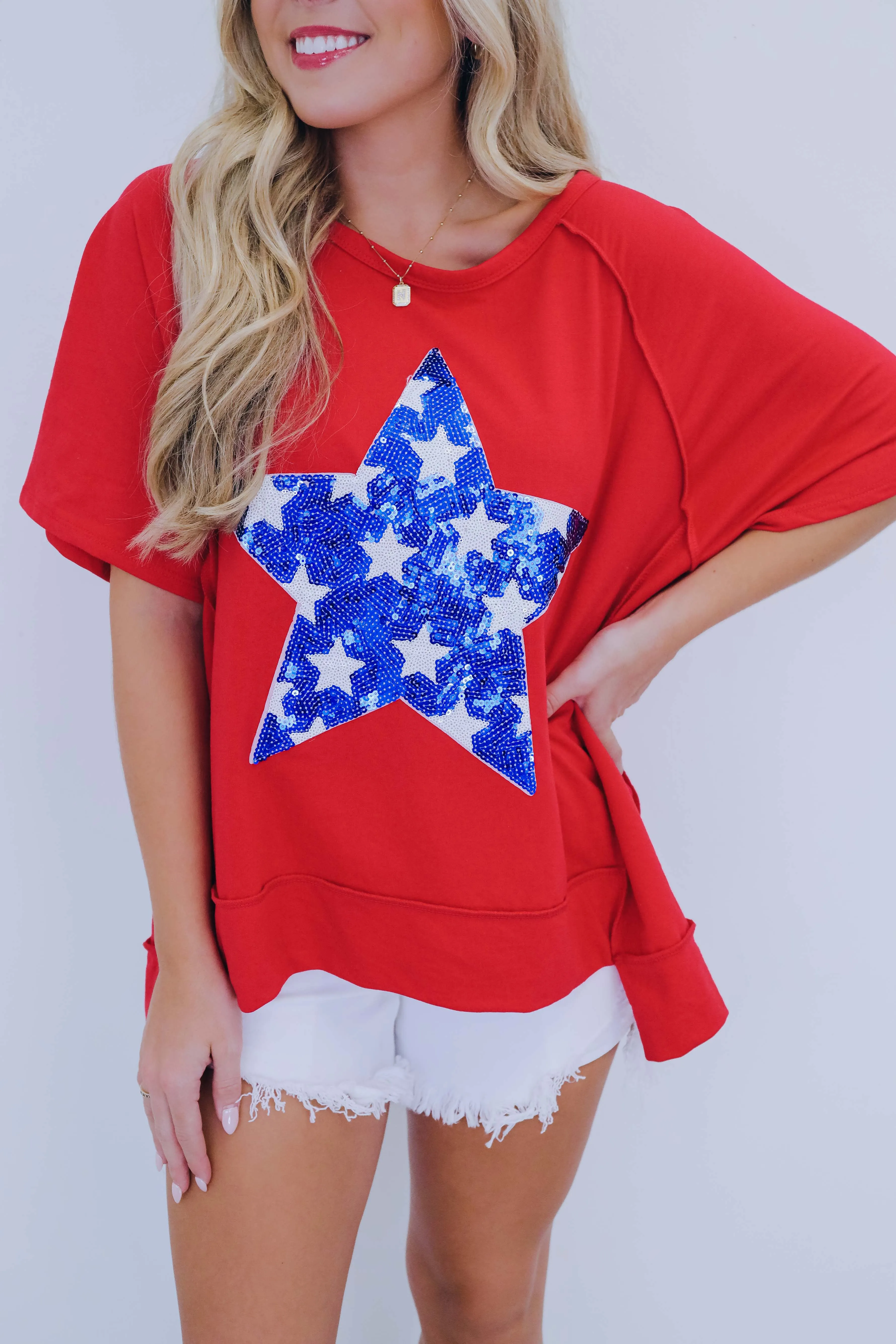 Stunning Sequin Star Patch Oversized Top - 2 Colors