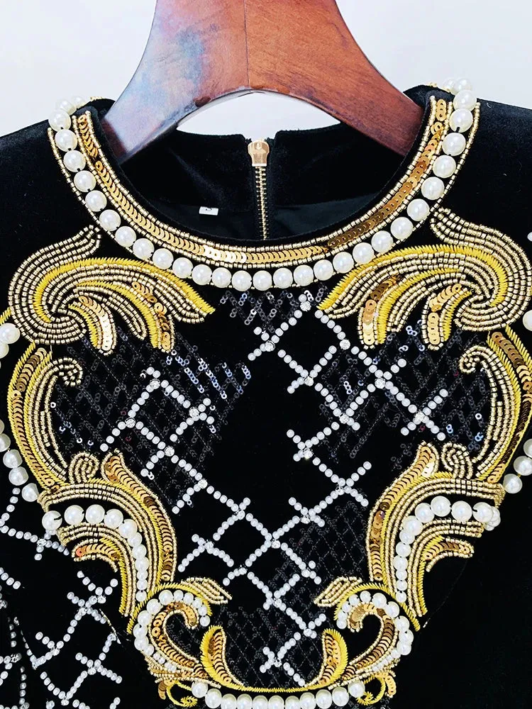 Stunning Sequined Pearls Beaded Velvet Dress