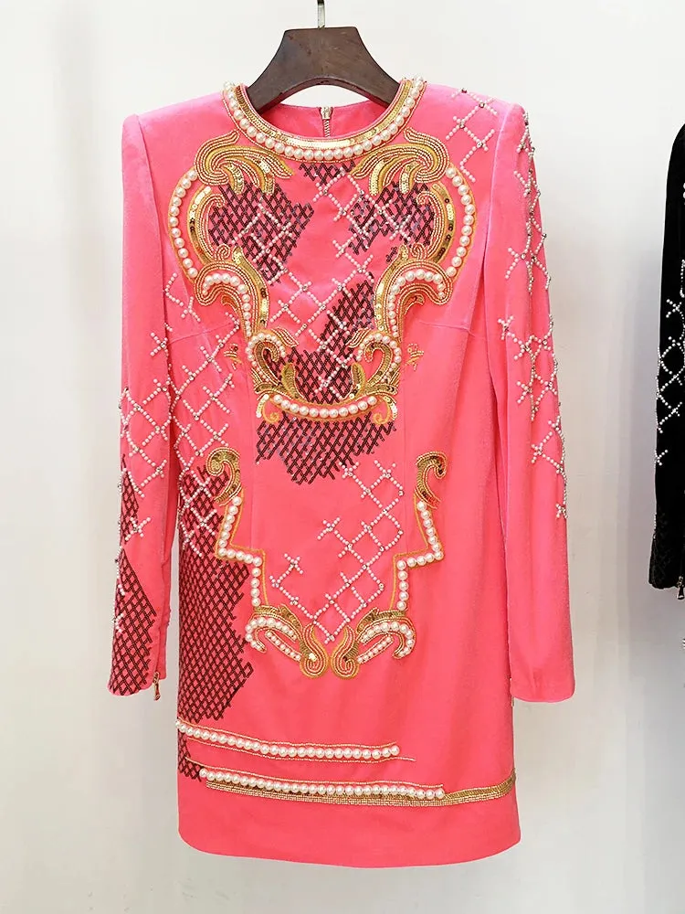 Stunning Sequined Pearls Beaded Velvet Dress