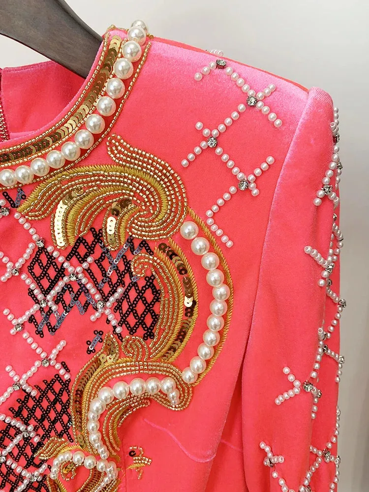 Stunning Sequined Pearls Beaded Velvet Dress