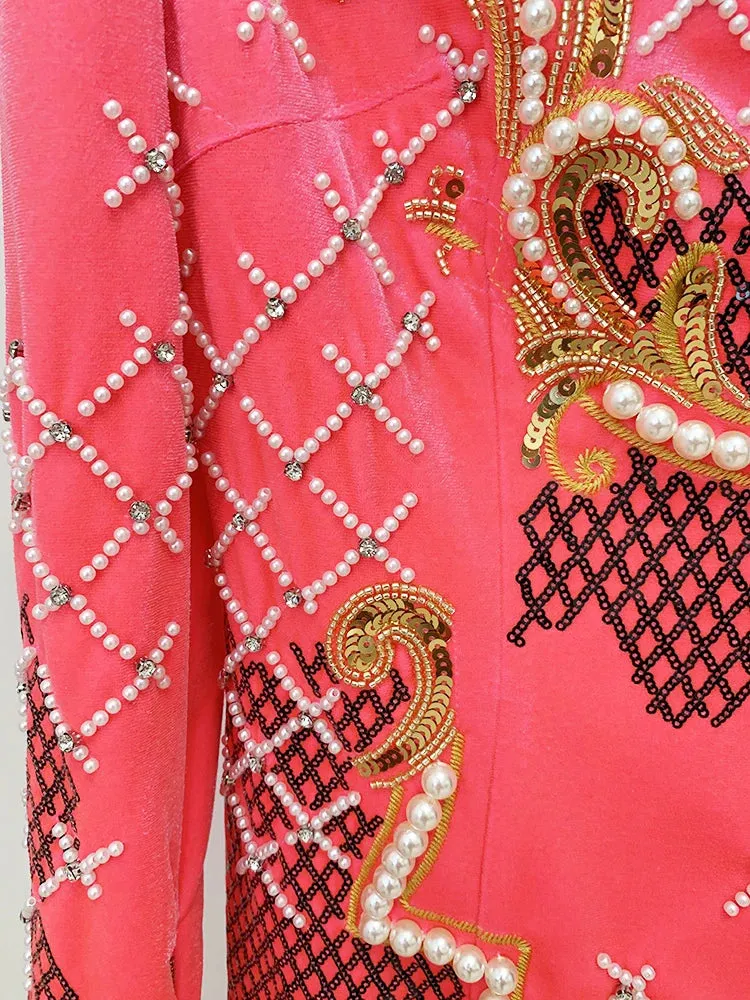 Stunning Sequined Pearls Beaded Velvet Dress
