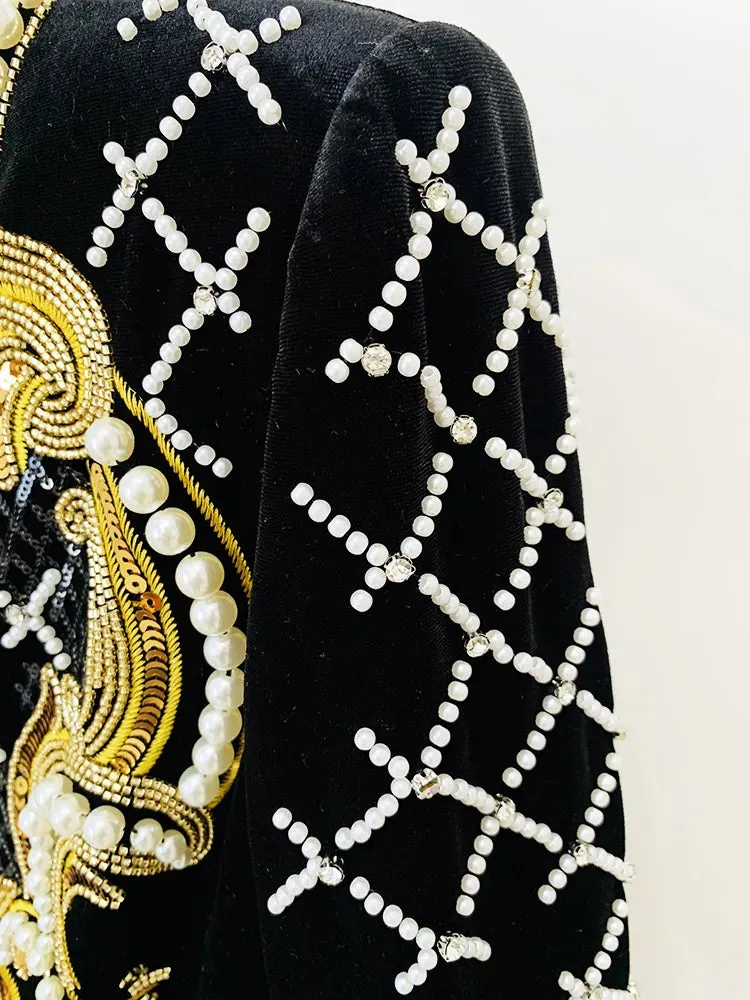 Stunning Sequined Pearls Beaded Velvet Dress