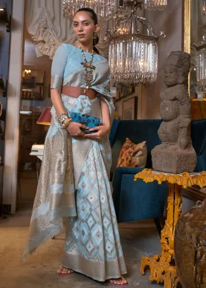 Stunning Sky Blue Zari Weaving Linen Designer Saree