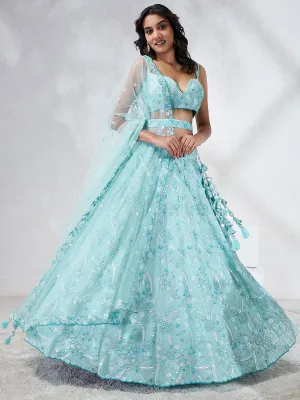 Stunning Turquoise Blue Sequin Embroidered Lehenga Choli Set