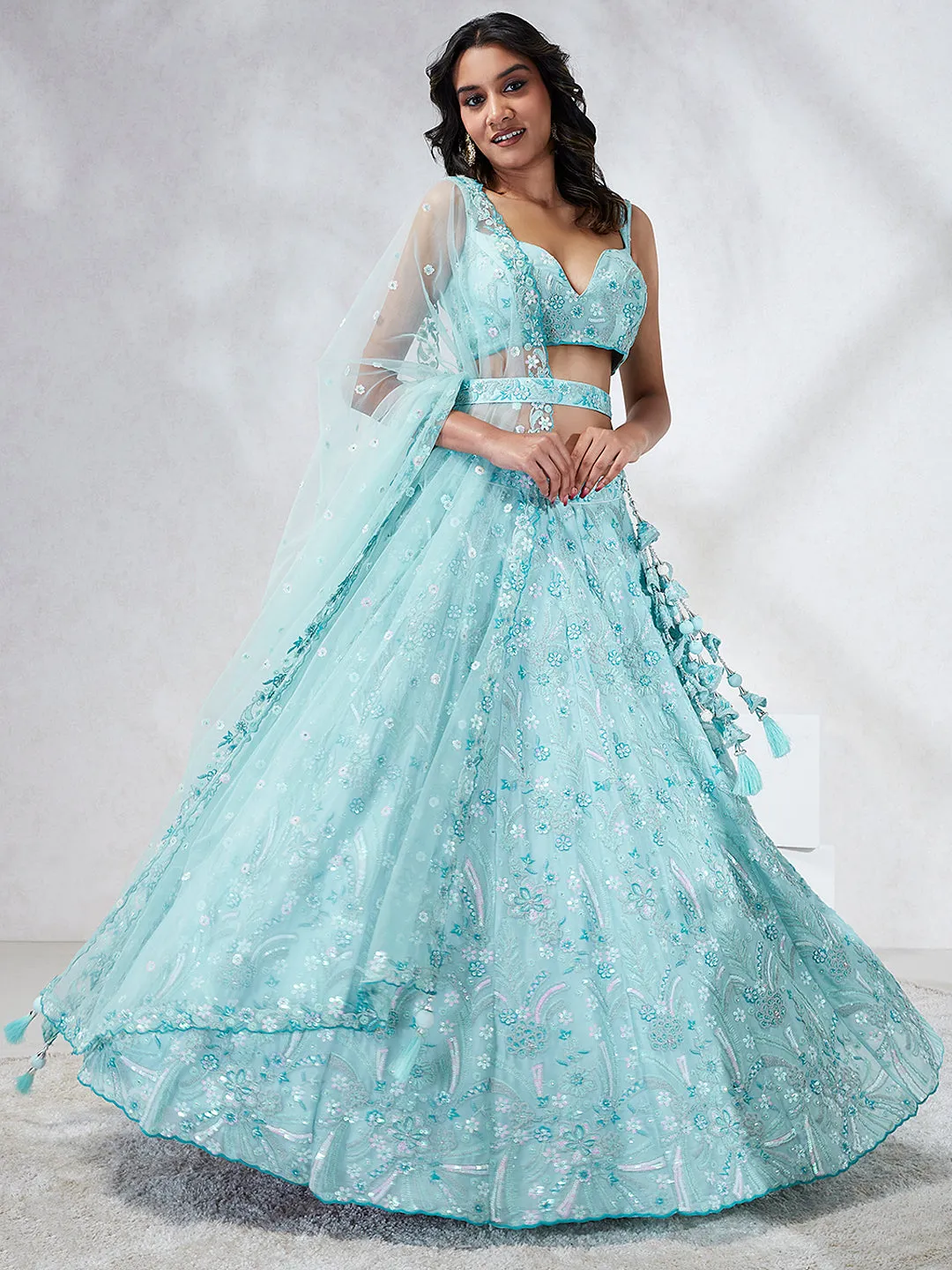 Stunning Turquoise Blue Sequin Embroidered Lehenga Choli Set