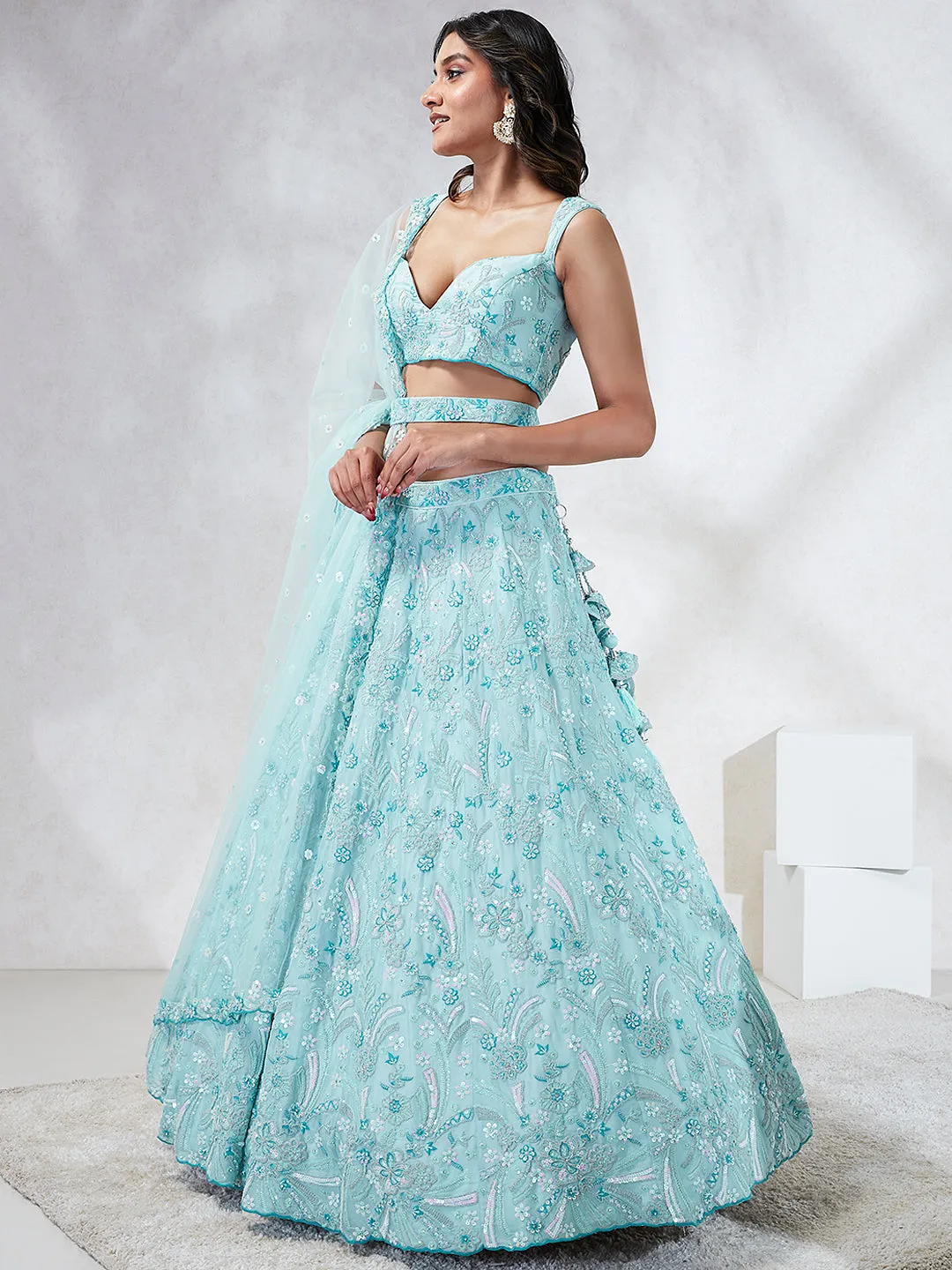 Stunning Turquoise Blue Sequin Embroidered Lehenga Choli Set