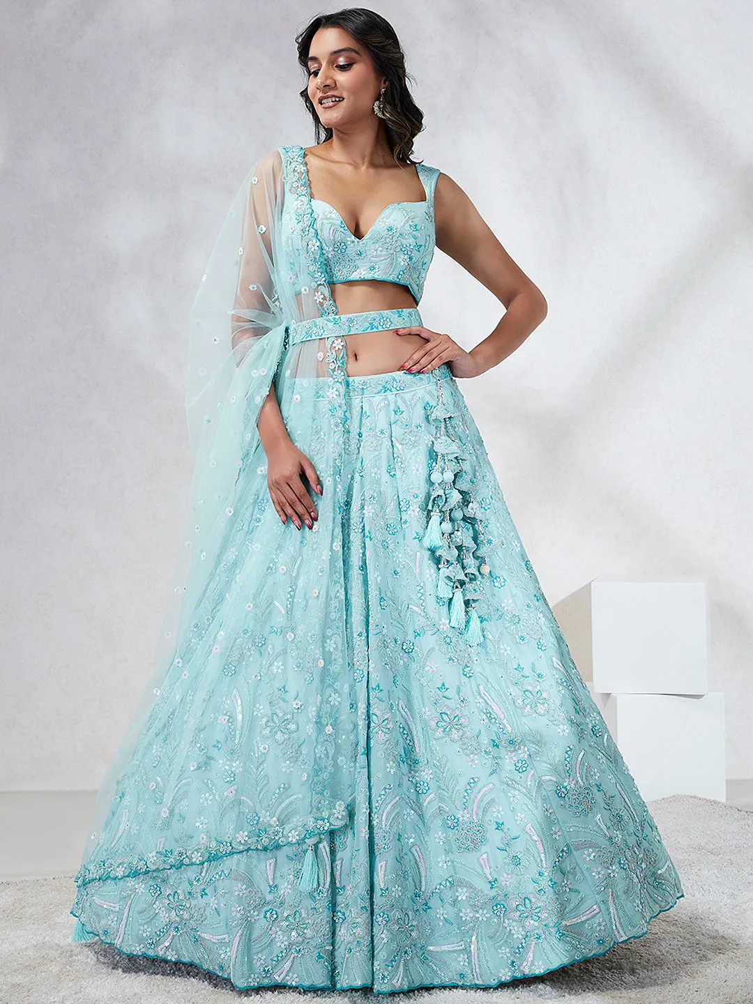 Stunning Turquoise Blue Sequin Embroidered Lehenga Choli Set