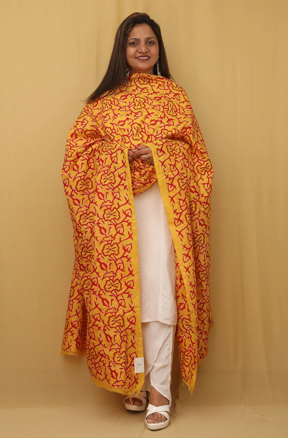 Stunning Yellow Kantha Silk Dupatta with Hand Embroidery