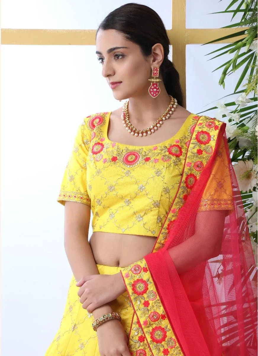 Stunning Yellow Resham Zari Work Lehenga Choli Set