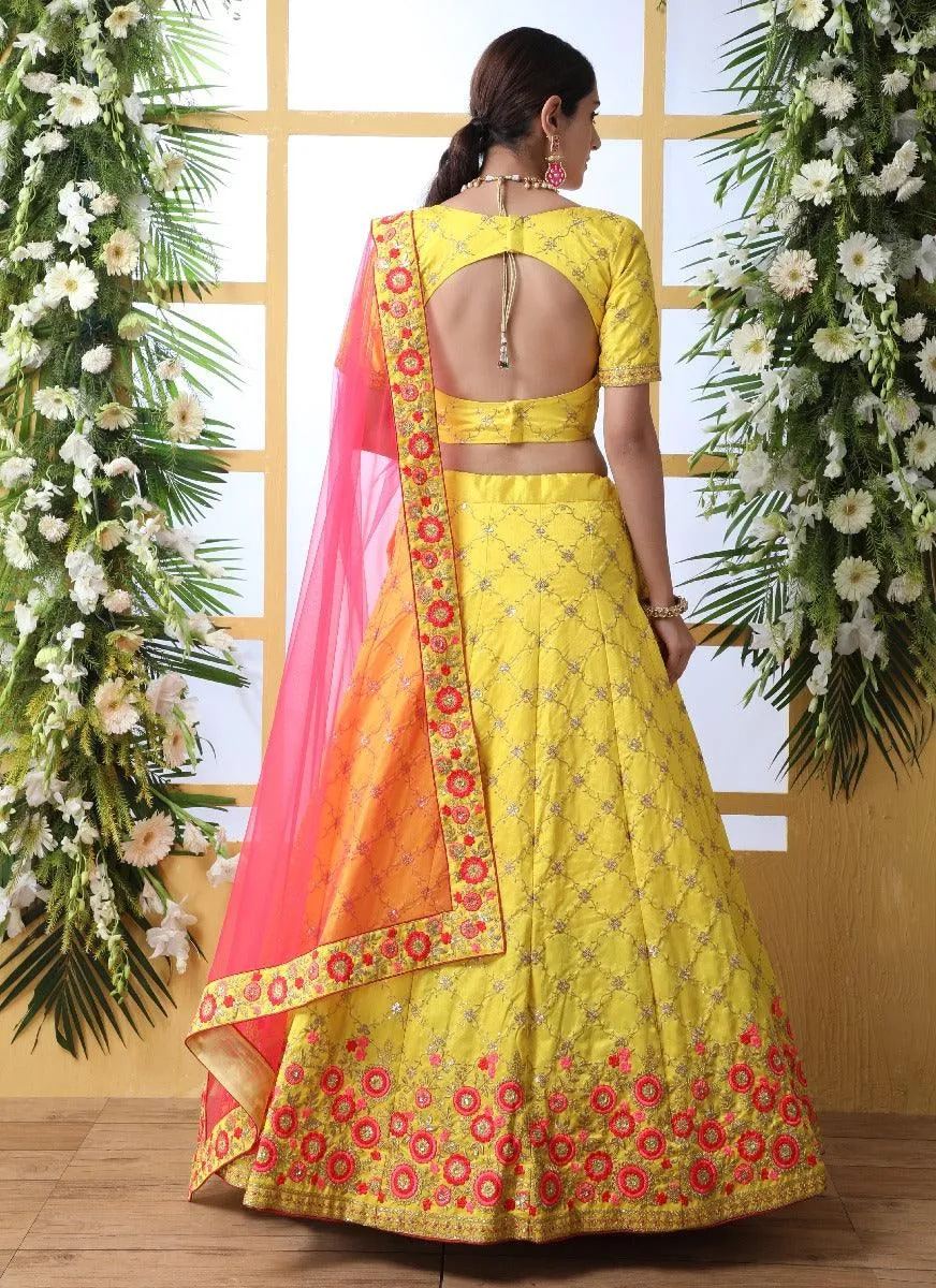 Stunning Yellow Resham Zari Work Lehenga Choli Set