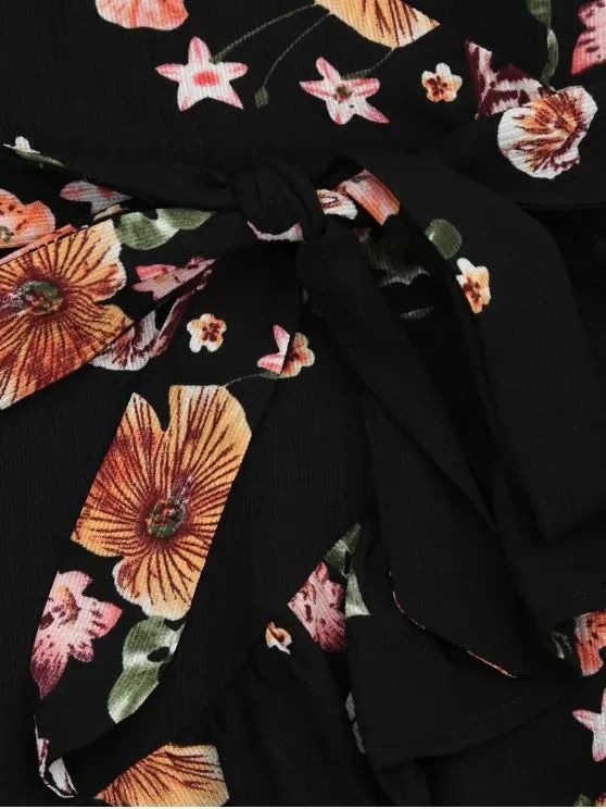 TastyHottie - Stunning Floral Plunging Neck Ruffles Surplice Dress