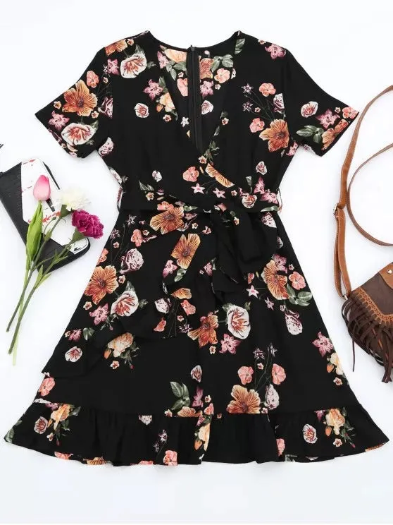 TastyHottie - Stunning Floral Plunging Neck Ruffles Surplice Dress