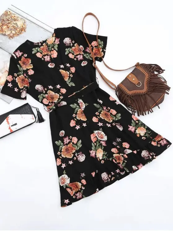 TastyHottie - Stunning Floral Plunging Neck Ruffles Surplice Dress