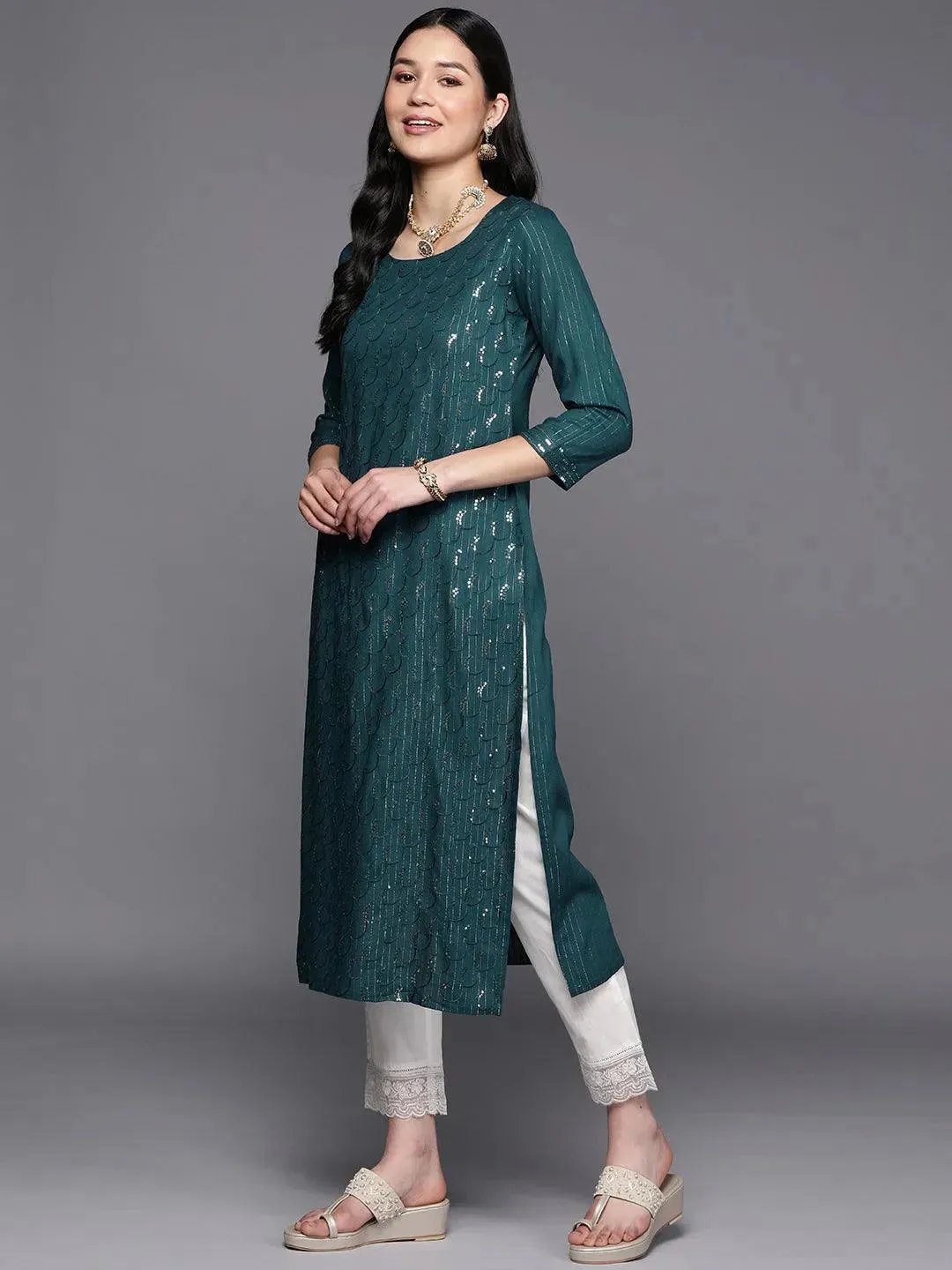 Teal Embroidered Rayon Straight Kurta