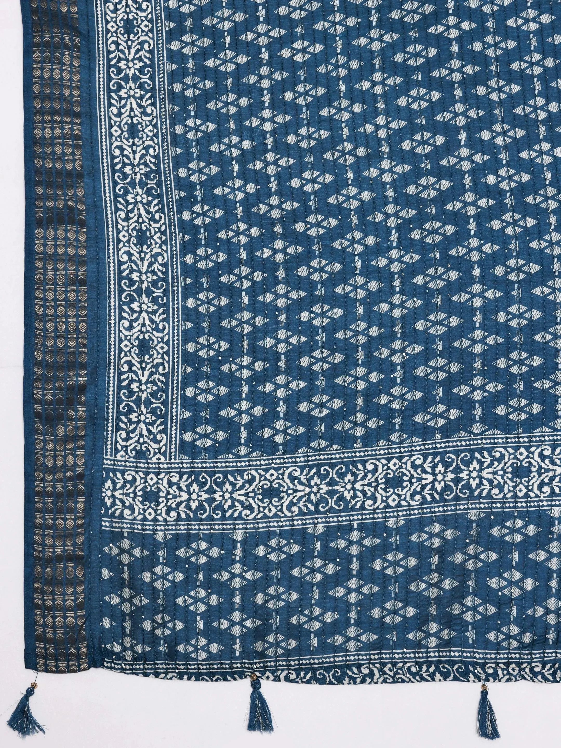 Teal Printed Silk Blend Saree With Unstitched Blouse Piece