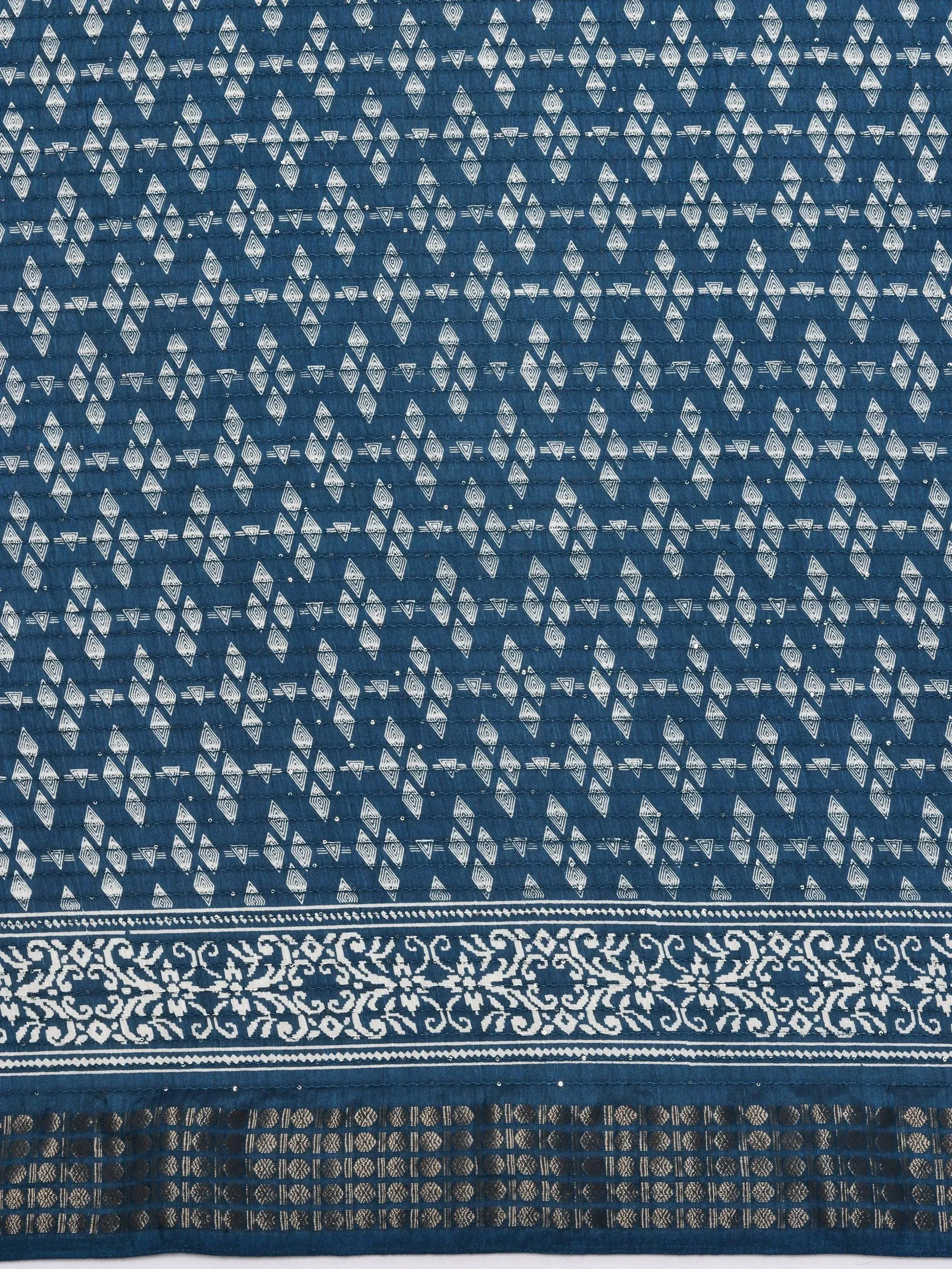 Teal Printed Silk Blend Saree With Unstitched Blouse Piece