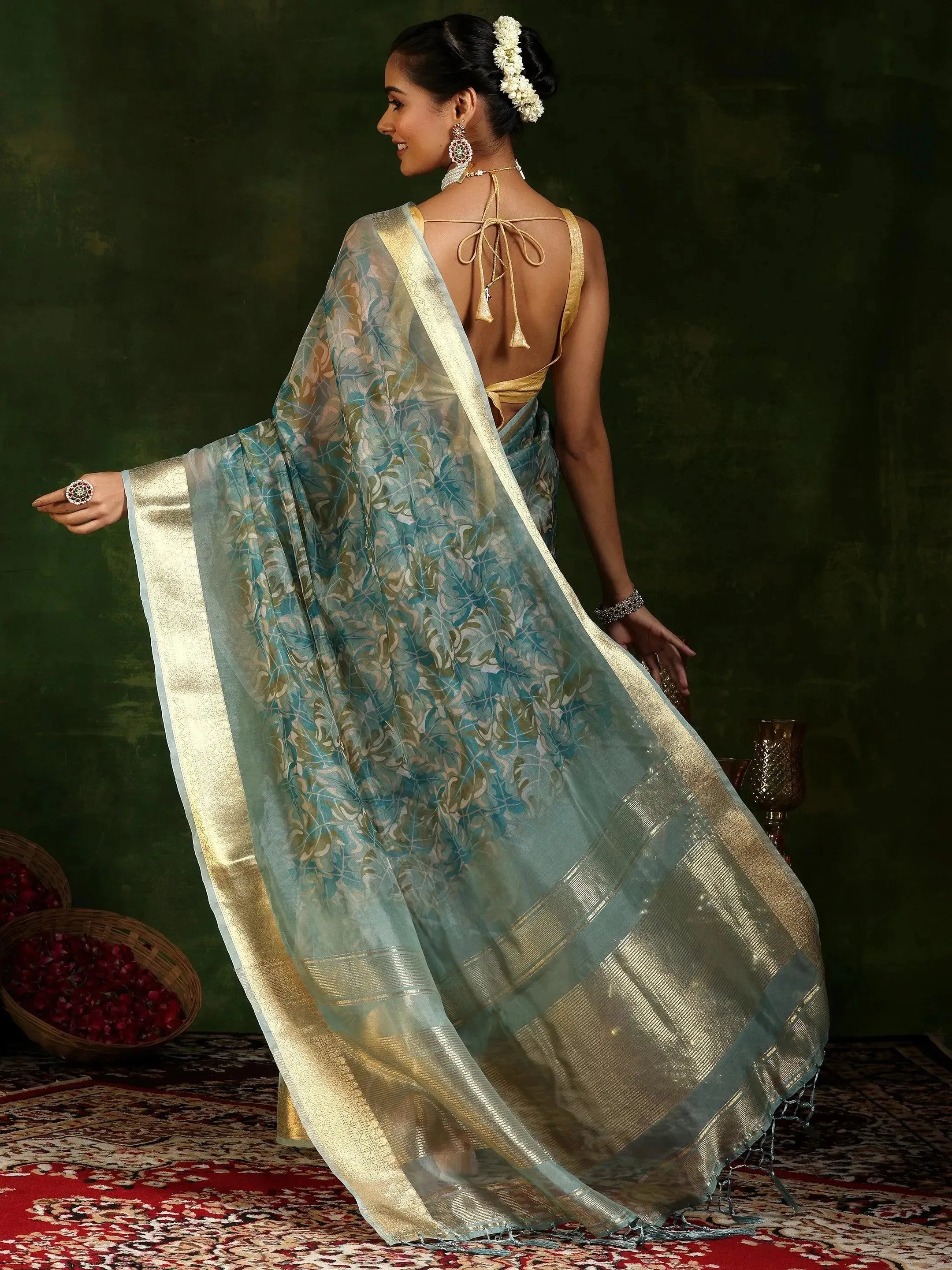 Turquoise Printed Organza Saree With Unstitched Blouse Piece