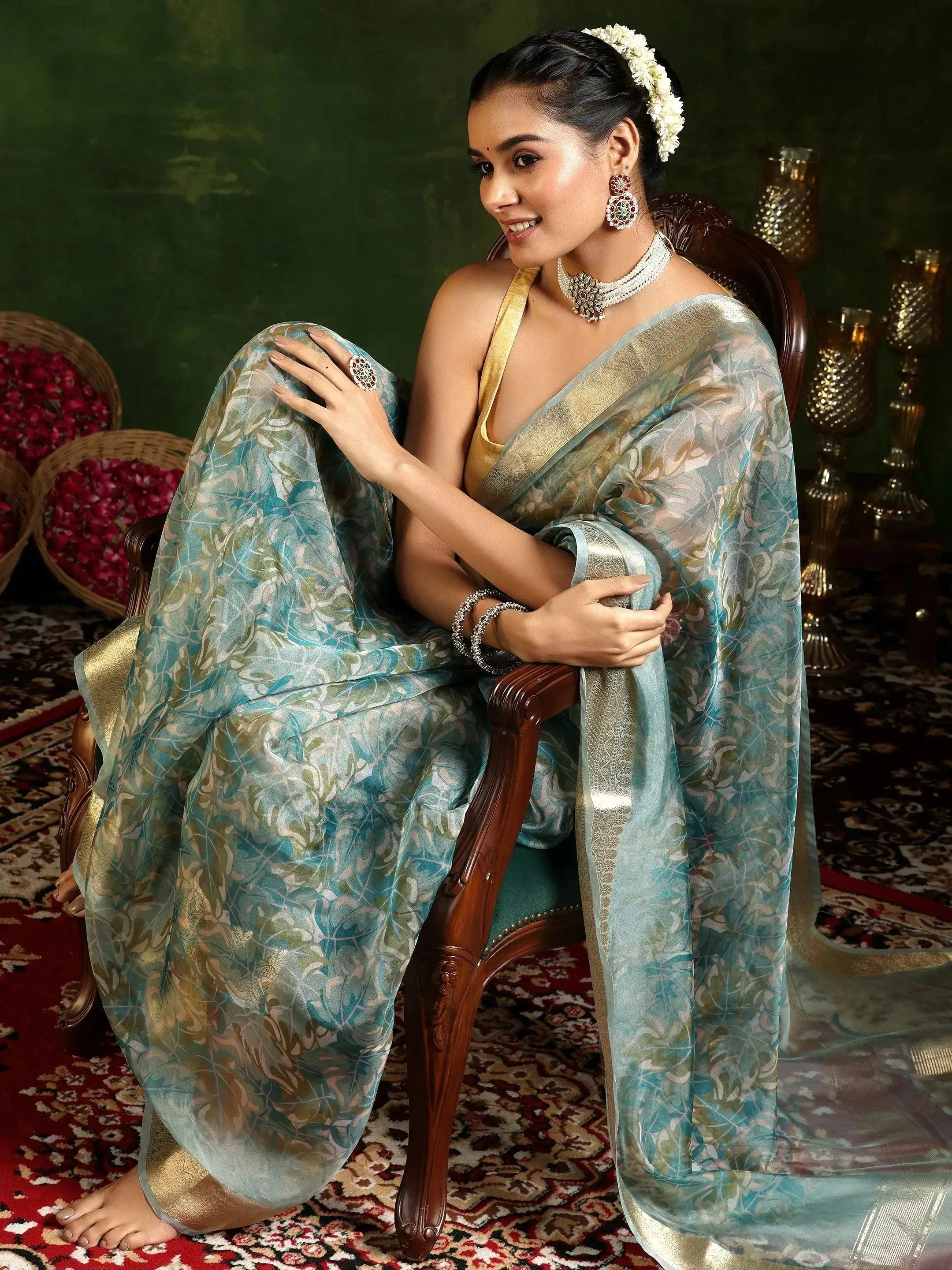 Turquoise Printed Organza Saree With Unstitched Blouse Piece