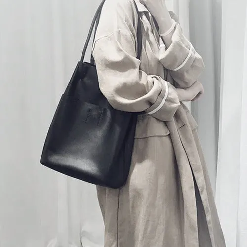 YAAGLE Street-chic Real Leather 2-Piece Set Bucket Handbag YGPD8719