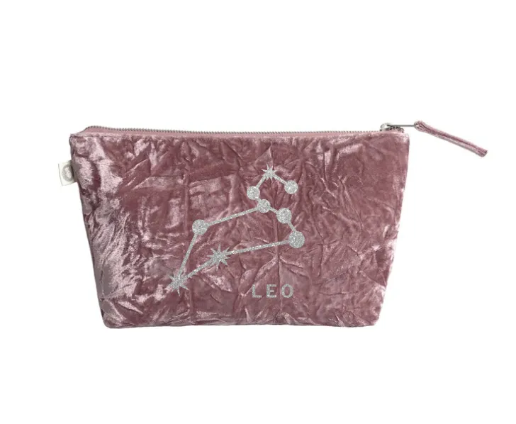 Zodiac Pink Crushed Velvet Large Makeup Bag - Leo