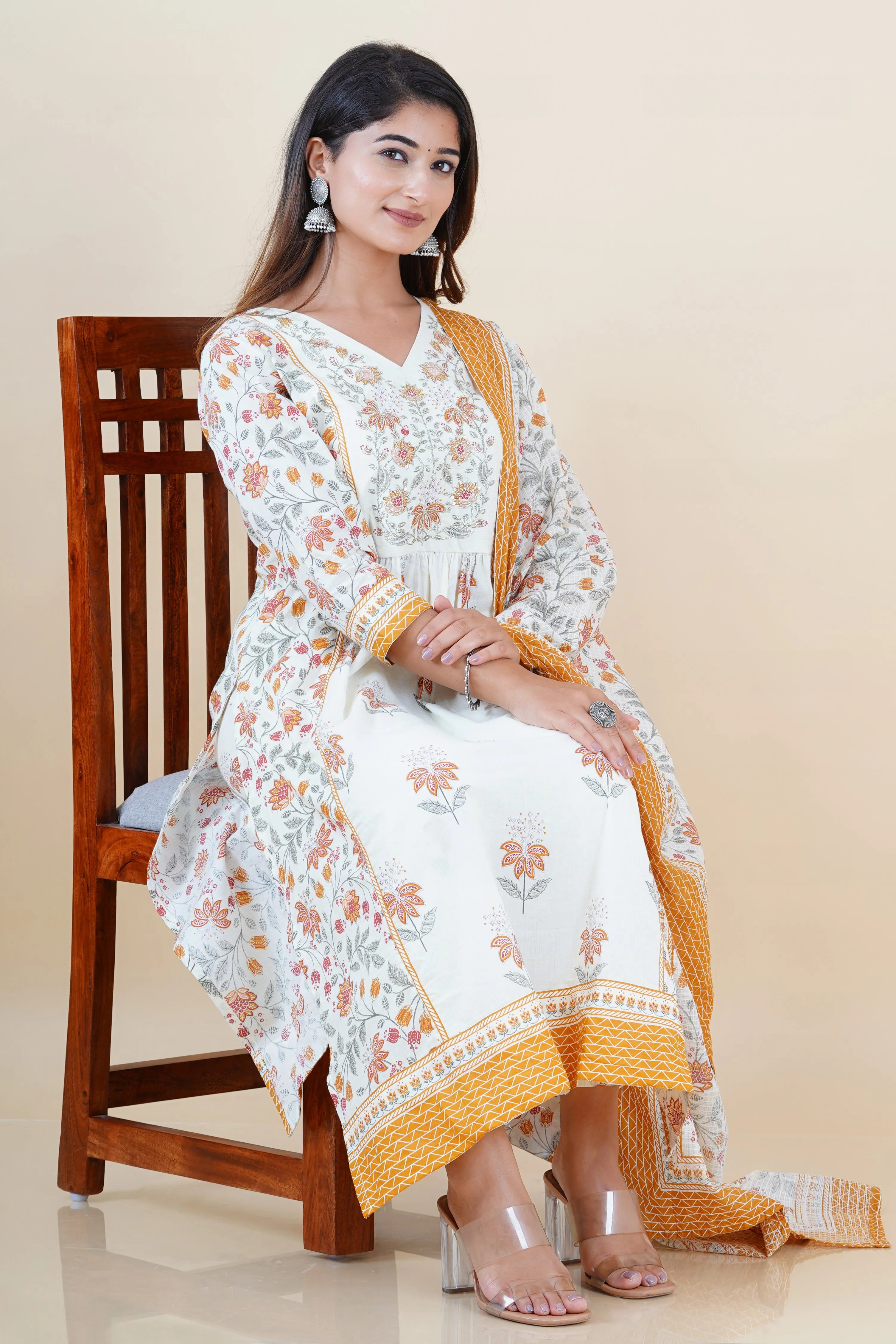 Zubeda Handblock Embroidered Nyra Cut Pant Set