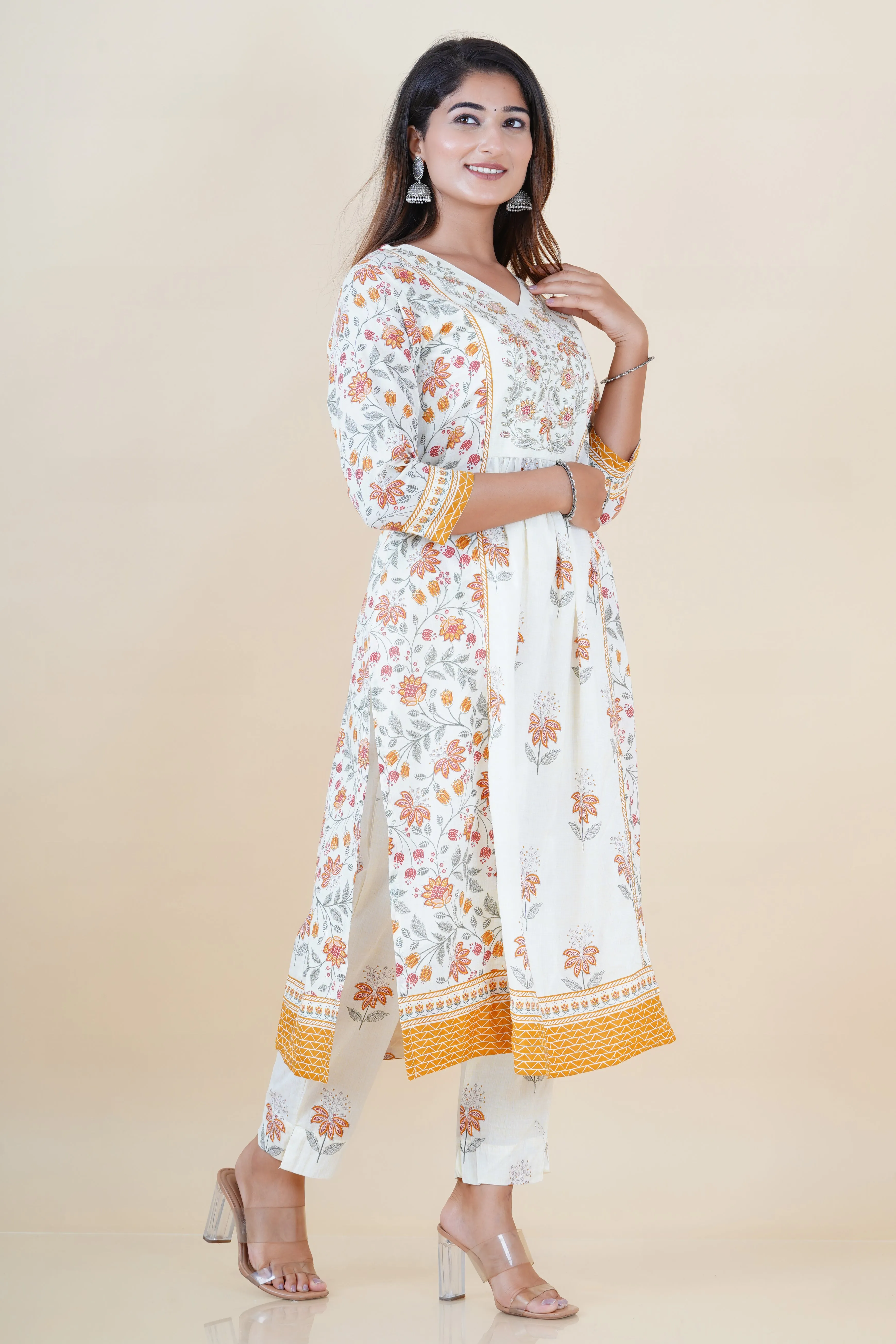 Zubeda Handblock Embroidered Nyra Cut Pant Set
