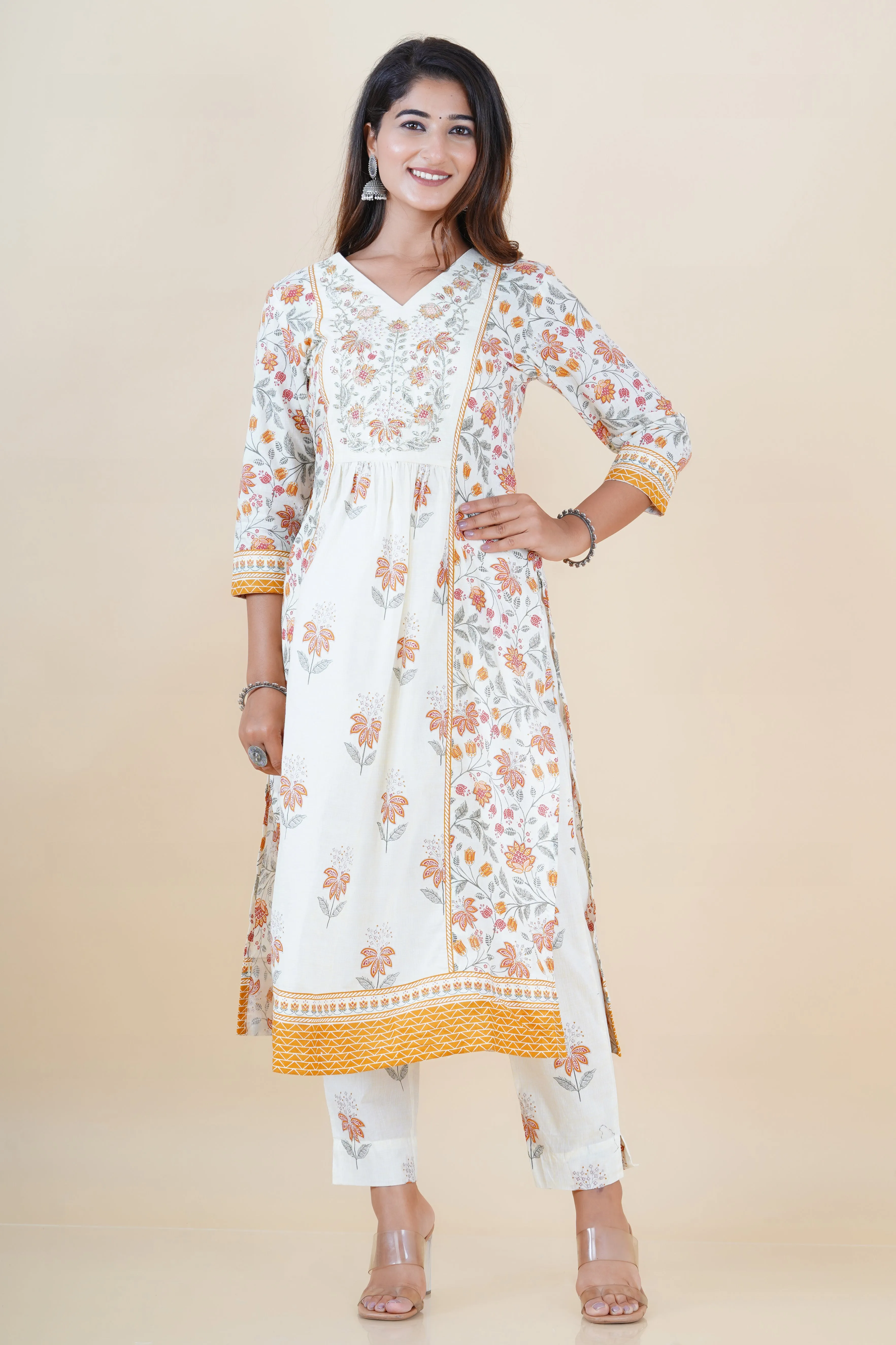Zubeda Handblock Embroidered Nyra Cut Pant Set